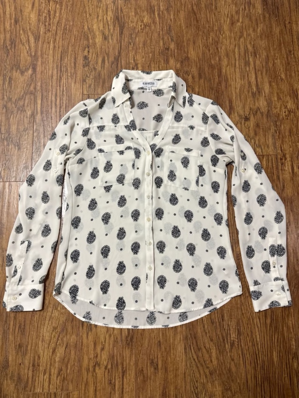 EXPRESS Long Sleeve Paisley Floral Portofino Blouse Ivory & Black Size XS